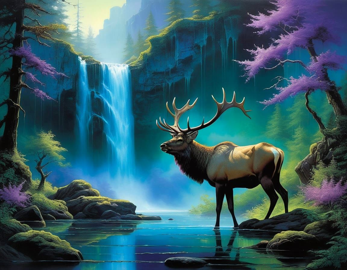 Majestic Elk by Bioluminescent Waterfall