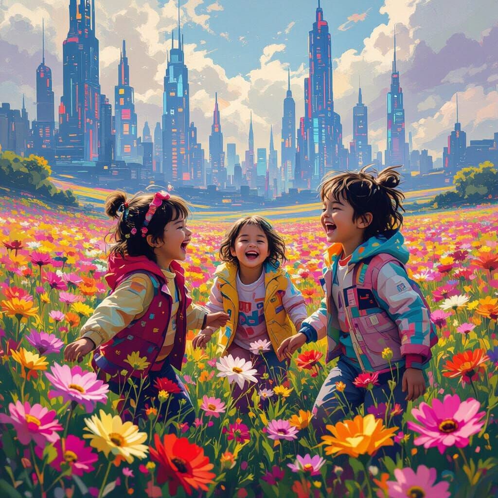 Children Playing in Neon Flower Field: Cyberpunk Impressioni...
