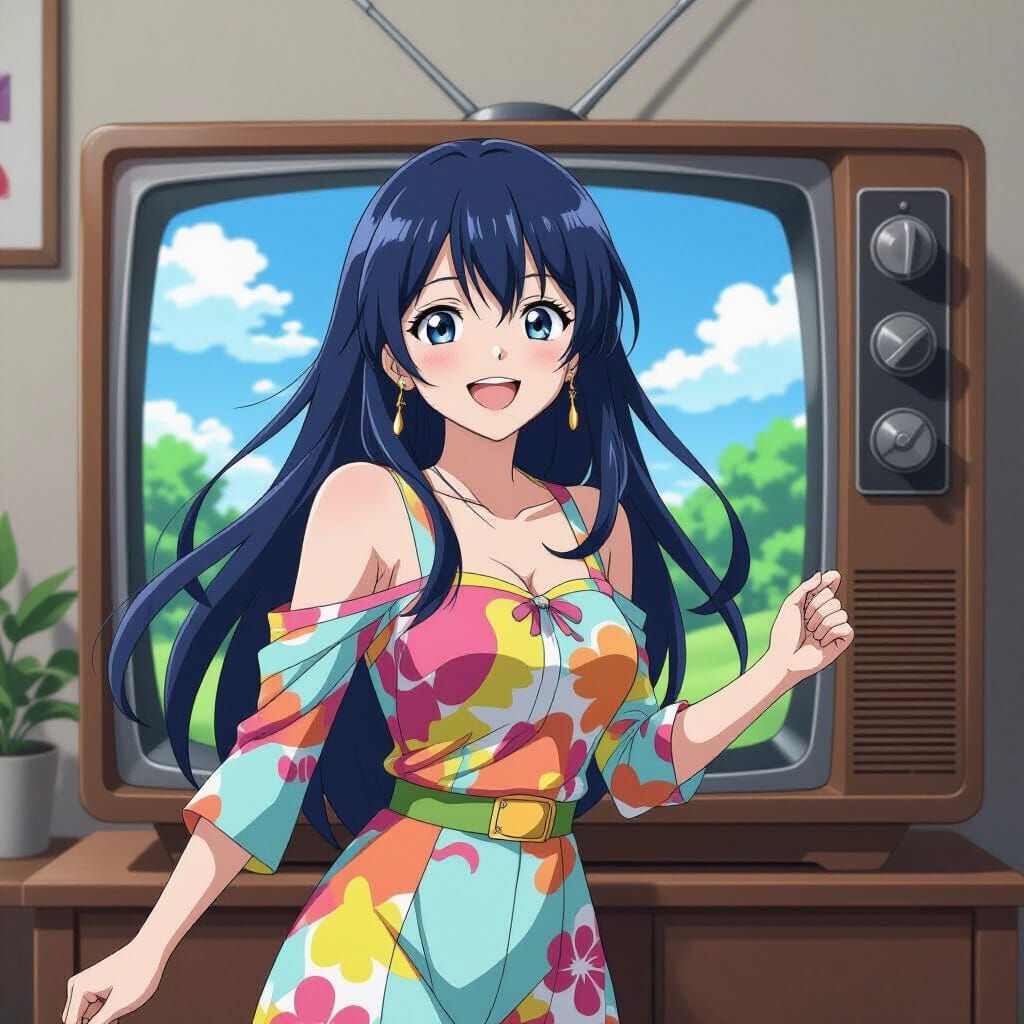 Anime Woman Steps From TV Screen in Pastel Style