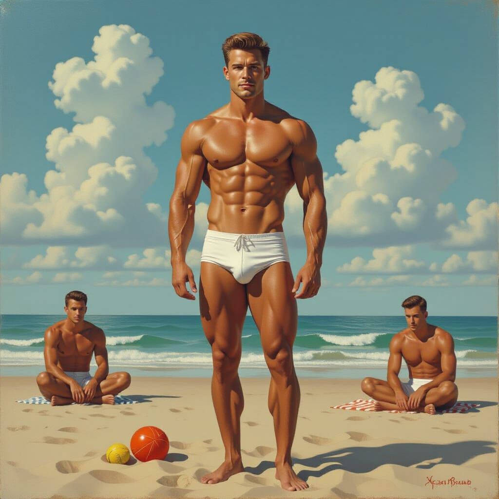 Surreal Gathering of Muscled Men in Dutch Surrealism Style