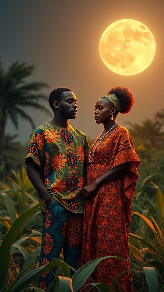 African Couple Under a Radiant Moonlit Night
