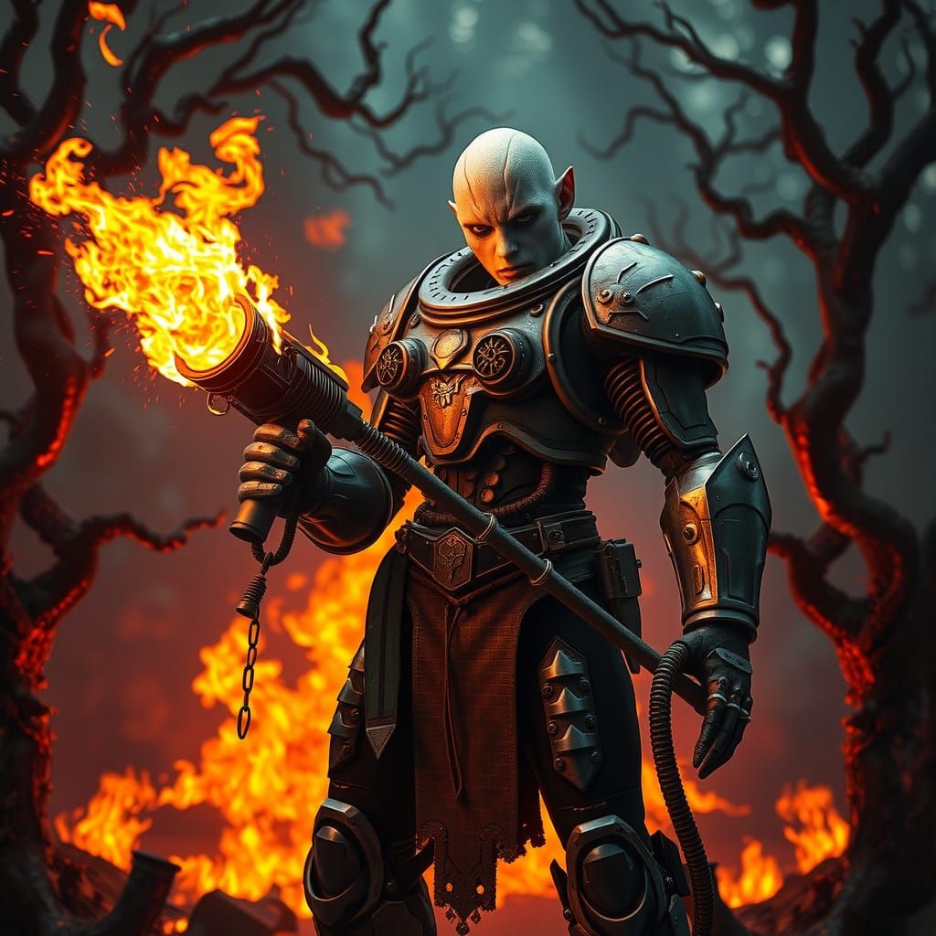 Mutant Arsonist in Cyberpunk Armor Unleashing Fiery Inferno