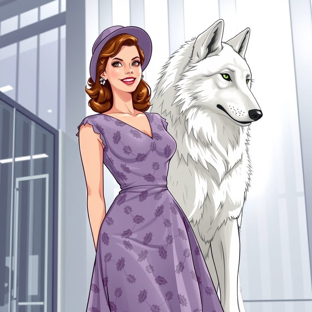 Vintage Pin-Up Girl Smiles with Majestic Wolf in Modern Offi...