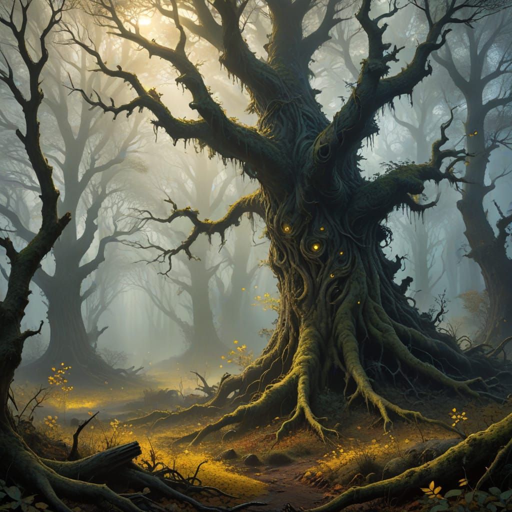 Twisted Tree Fingers Reach for the Sky in Mysterious Fog