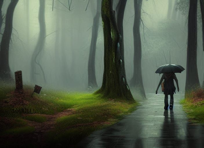 Rainy Forest Walk: Detailed Matte Painting