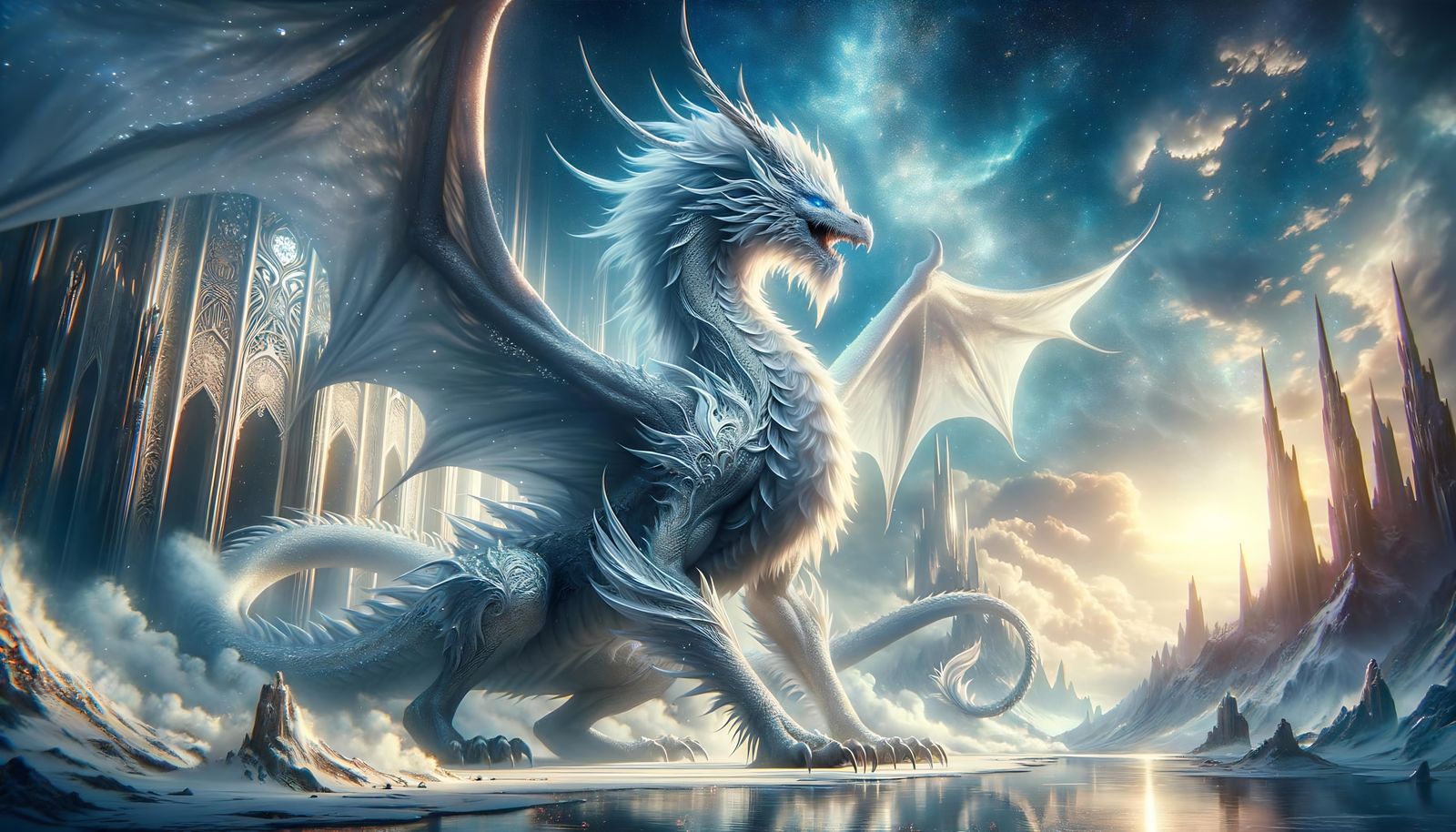Majestic Silver Dragon in Celestial Landscape