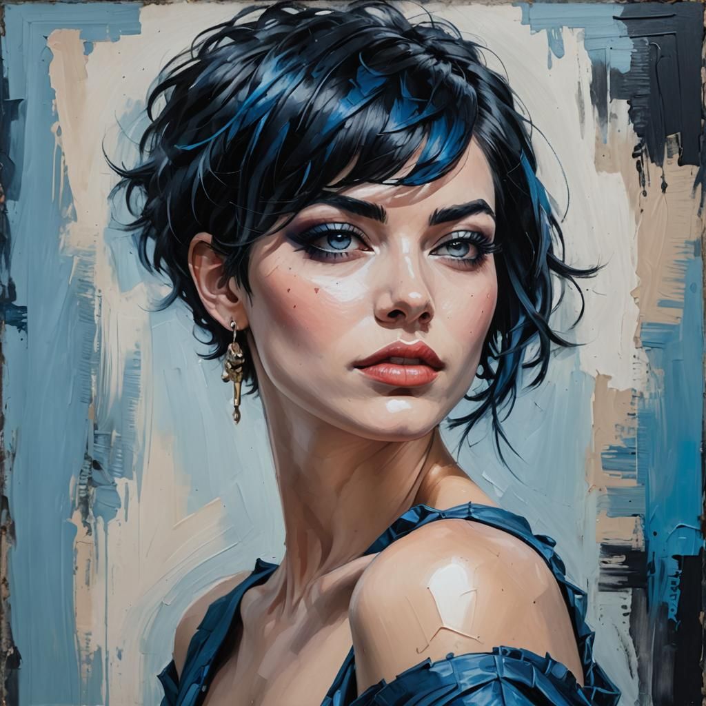Oil Painting Portrait of Woman with Pixie Cut