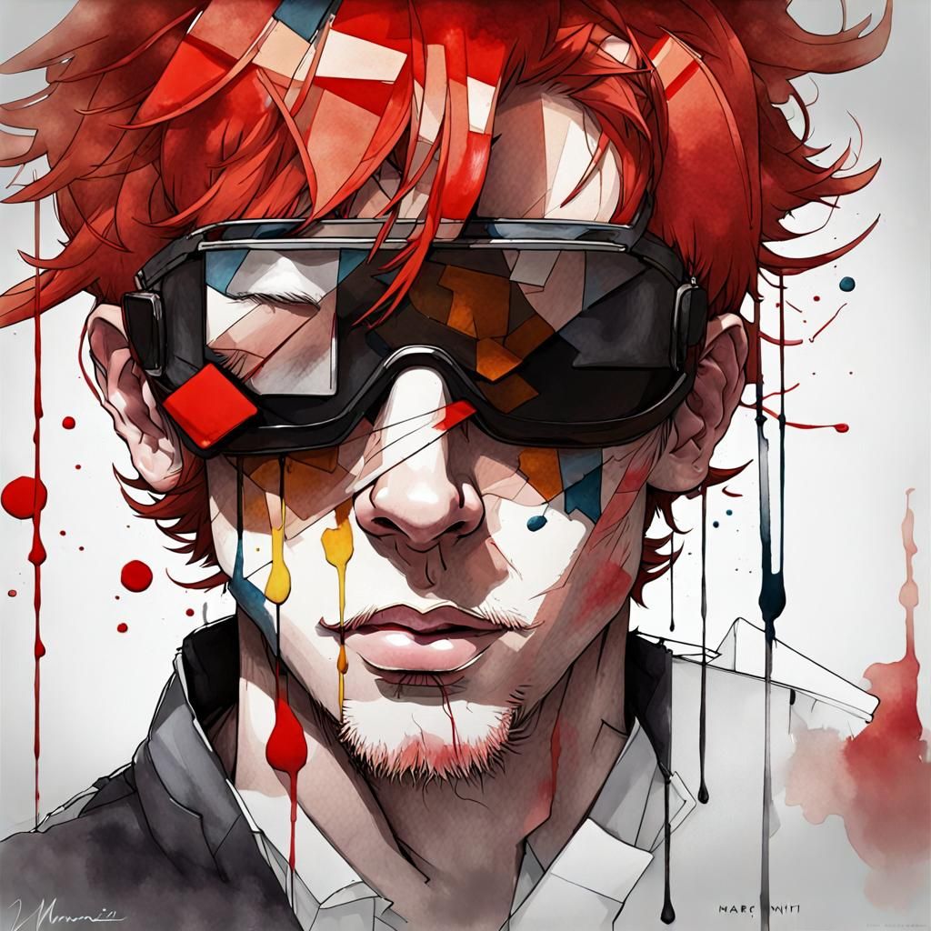 Ink Art: Red-Headed Woman with Mondrian Censorship