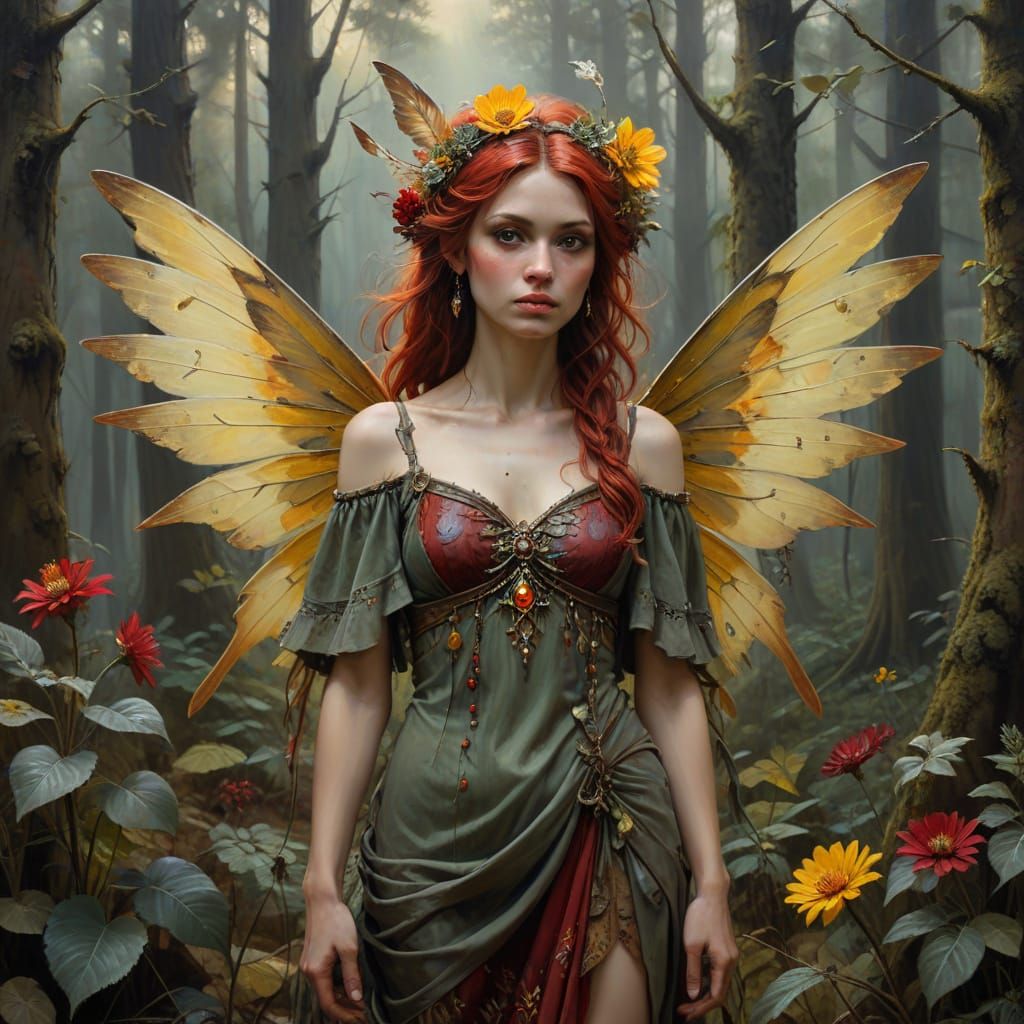 Bohemian Punk Fairy in Forest Oil Painting