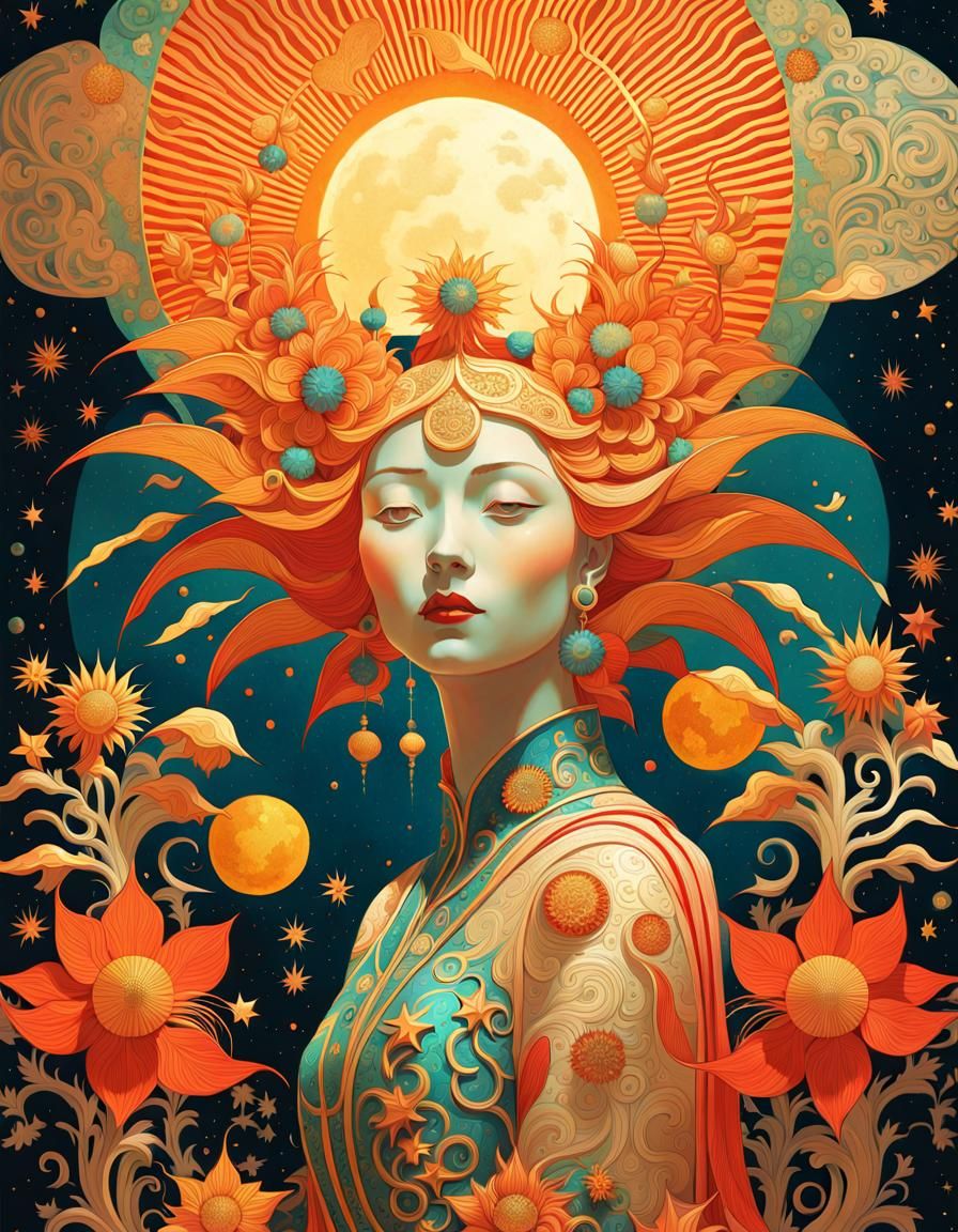 Celestial Woman in Surreal Sun and Moon Star