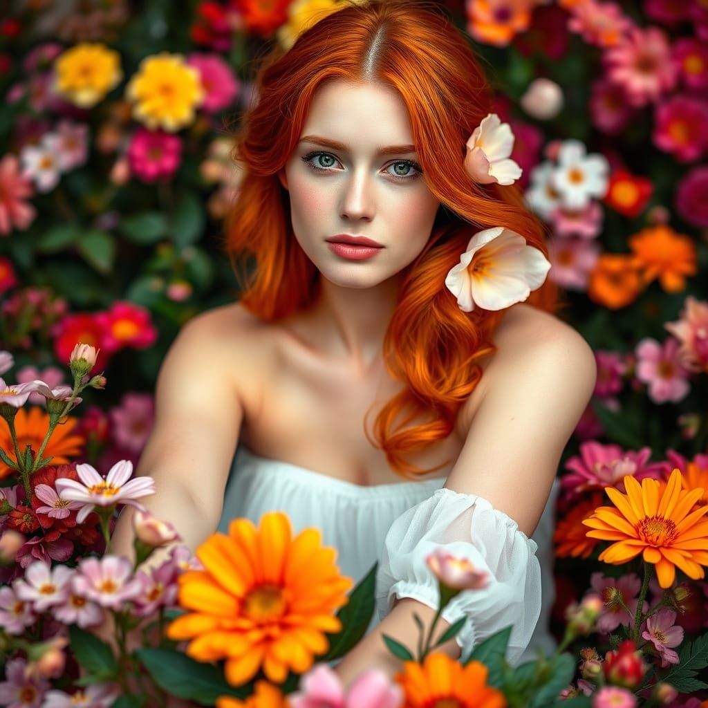 ((Photorealistic portrait of a stunningly beautiful ((vibrant woman with red hair, flower tucked behind her ear, golden ...