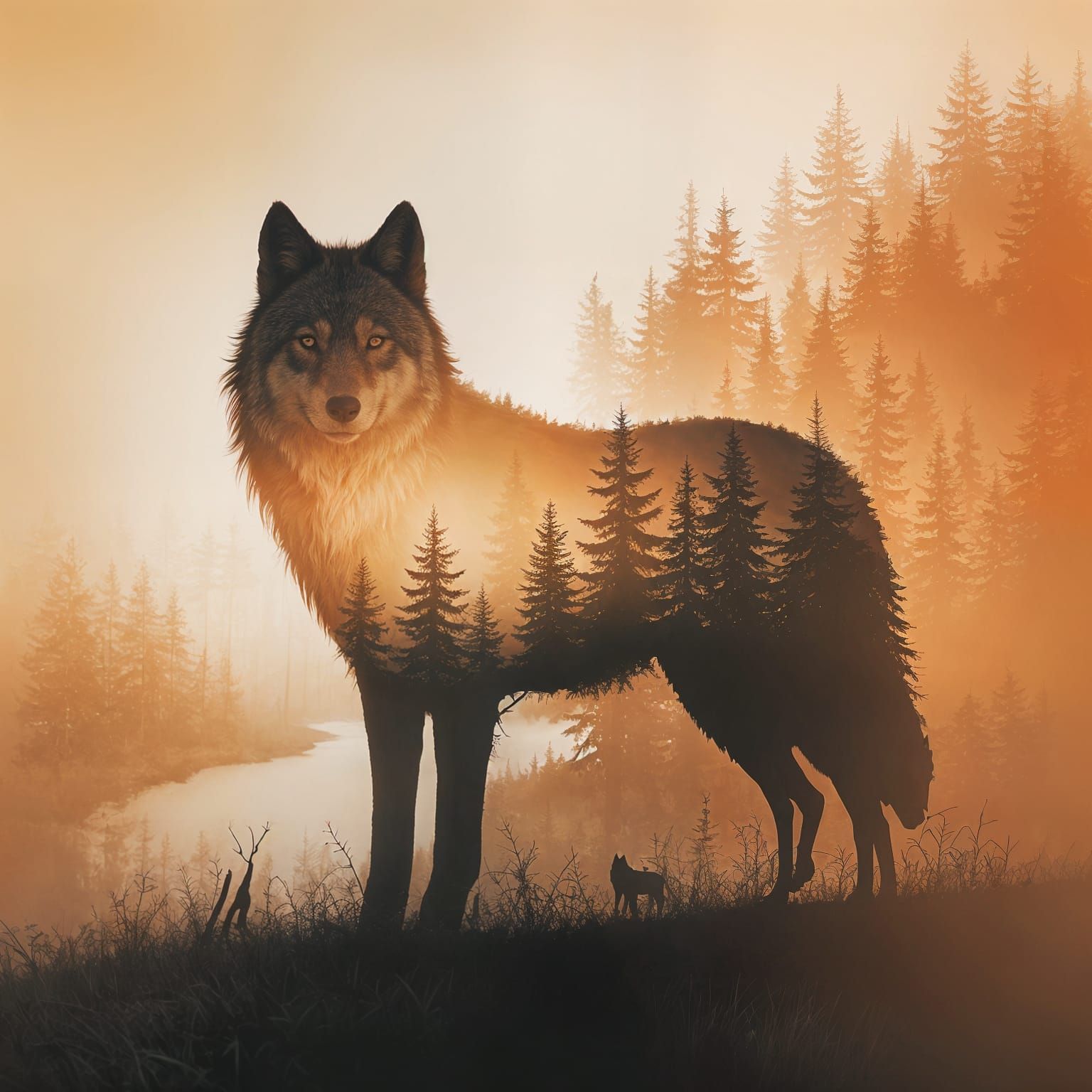 Dreamy Overlapping Scenes in Soft Focus with Majestic Wolf a...