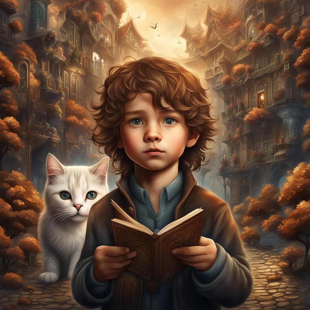 Sweet Boy and Grey Cat in Storybook Scene