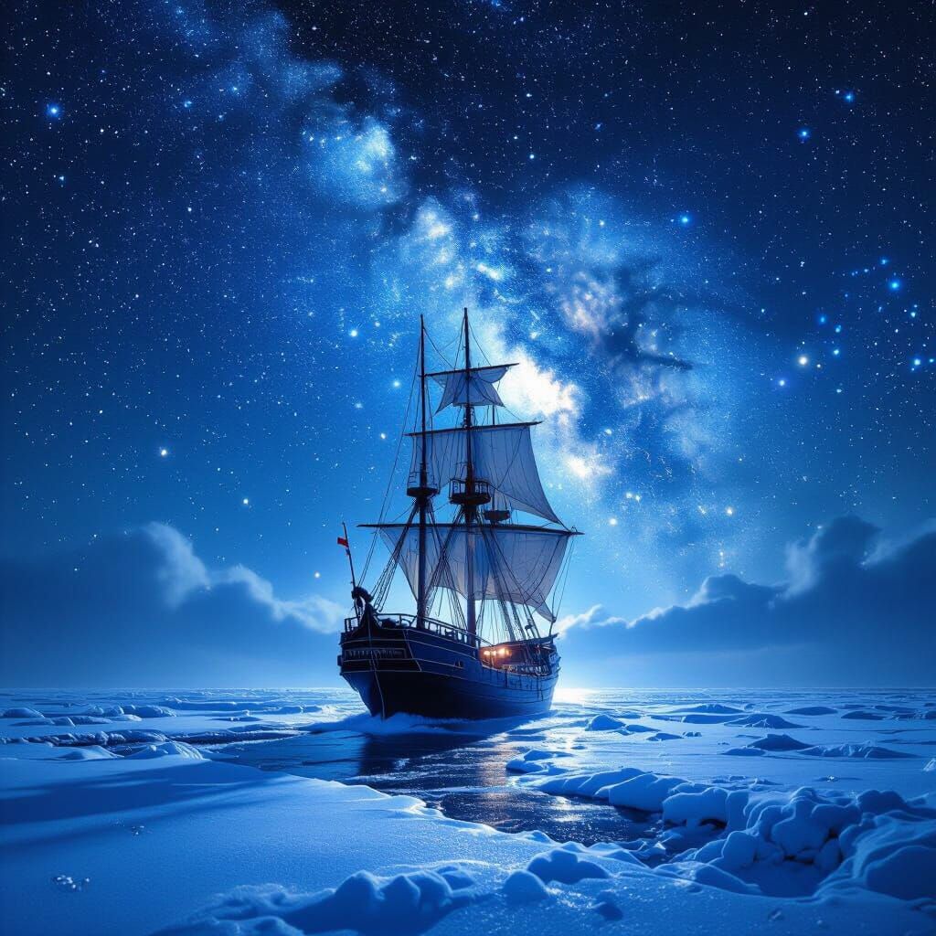 Majestic Sailing Ship Under Starry Winter Sky