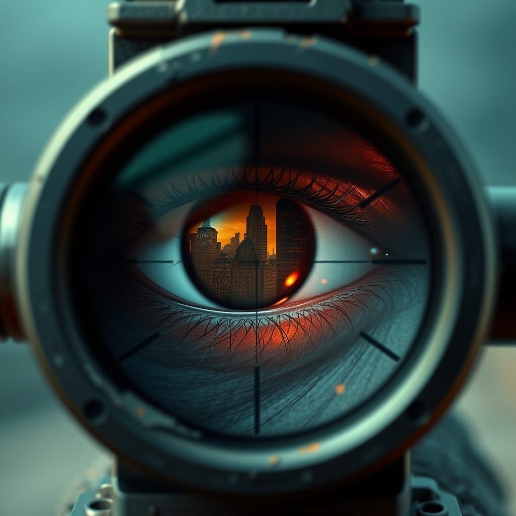 Sniper's Eye Reflects Burning City: Dystopian Realism