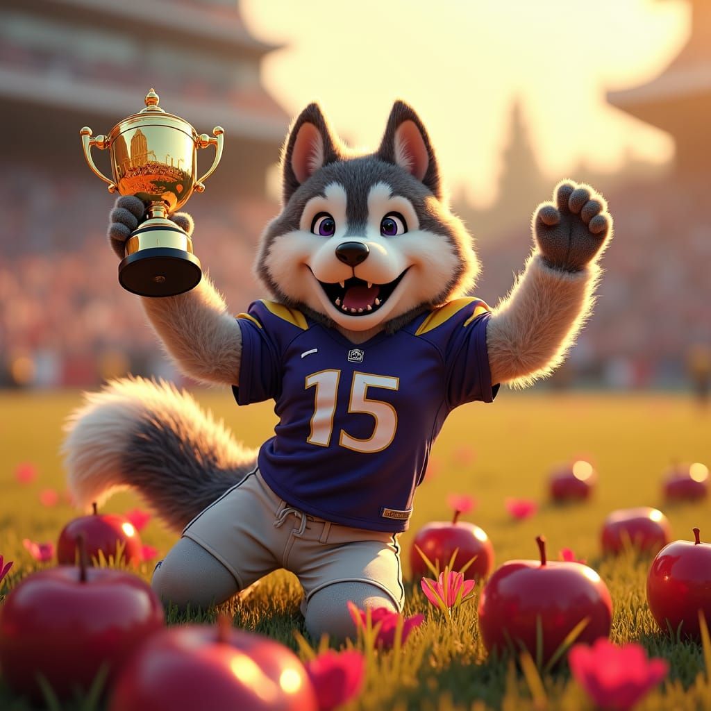 Husky Mascot Celebrates Championship in Kirkland Gold