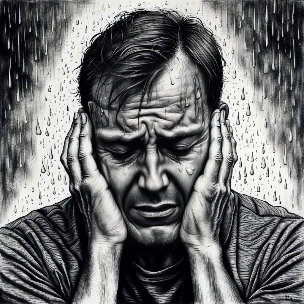 Distressed Man in Charcoal Drawing