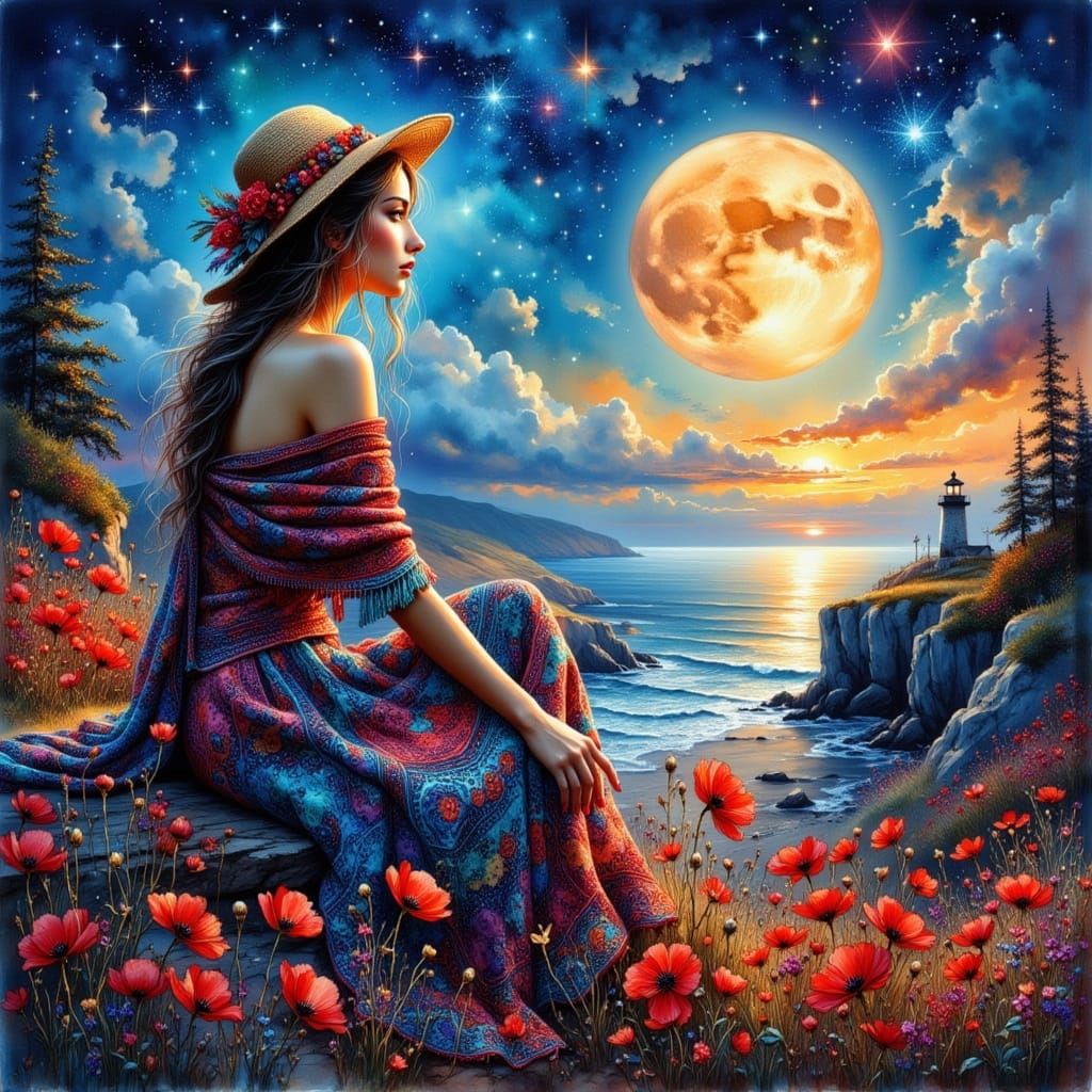 Woman in Poppy Field Under Starry Sky