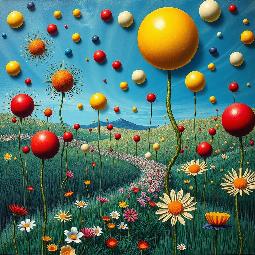 Vibrant Surrealist Landscape with Bursting Bubbles in Salvad...