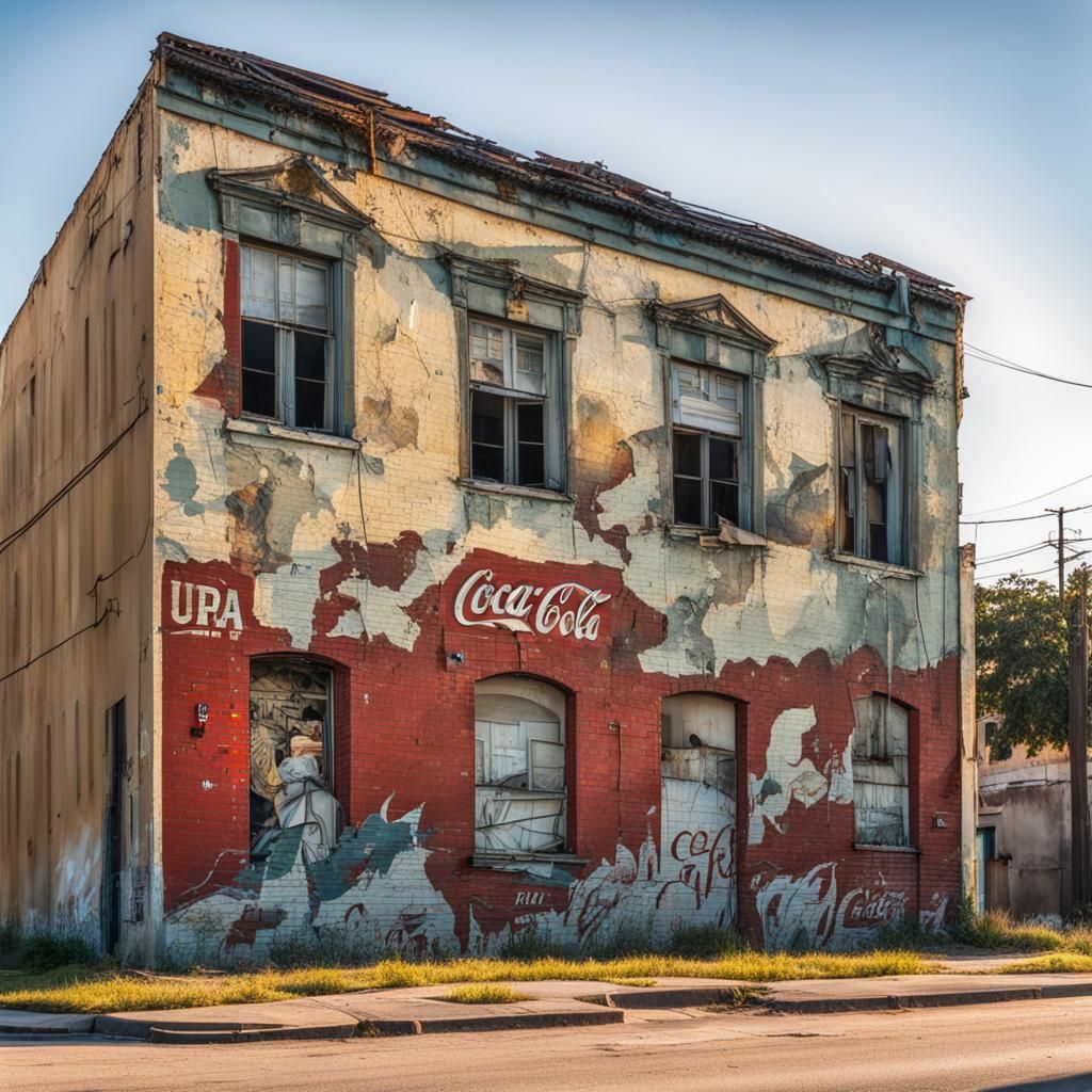 Wide angle street view, New Orleans, an old painted mural peeling off a plastered wall