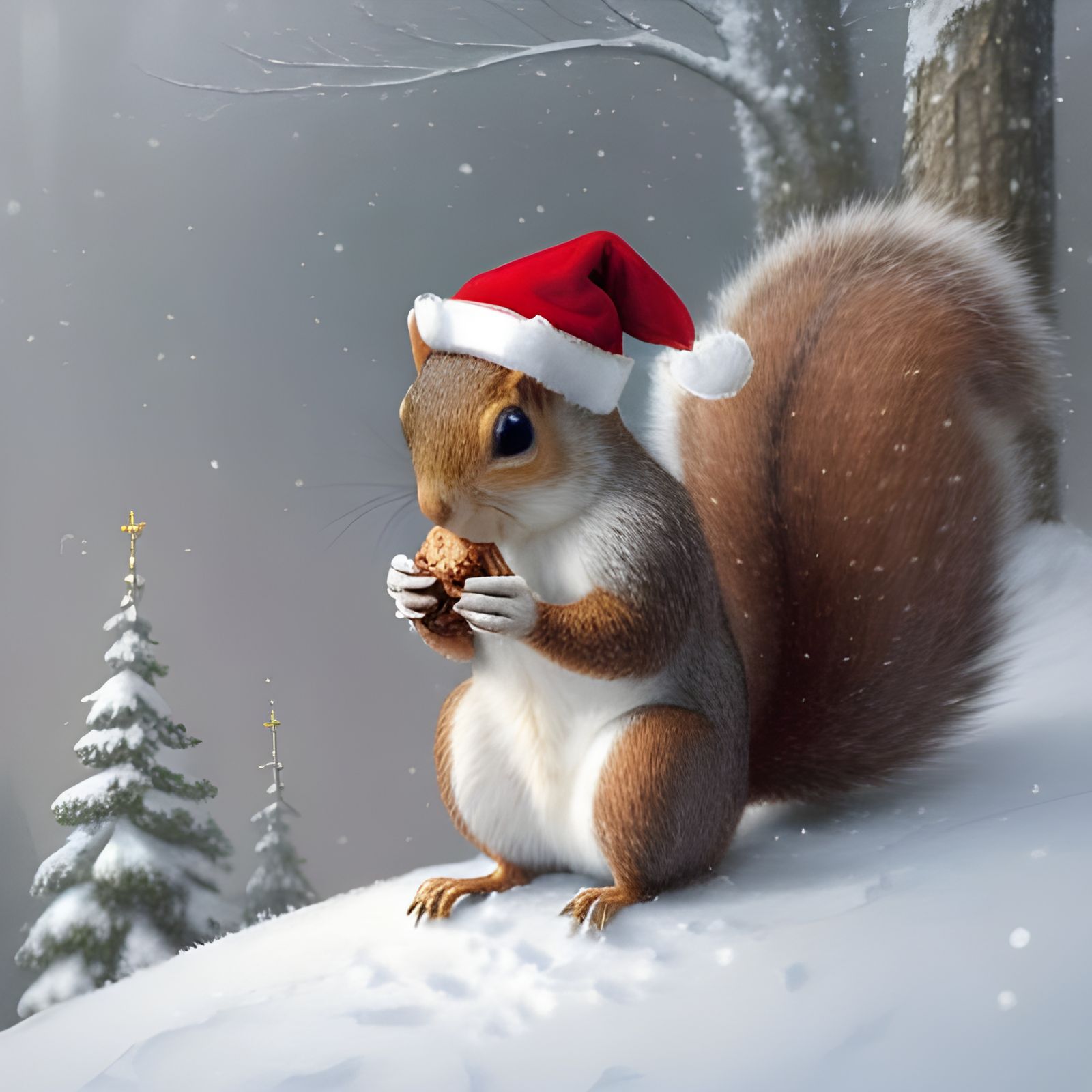 Squirrel in Santa Hat in Snowy Landscape