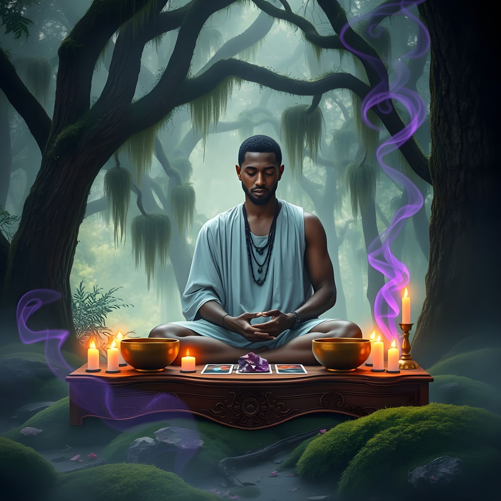 Mystical Brown Man Holistic Witch Meditates in Forest Sanctu...