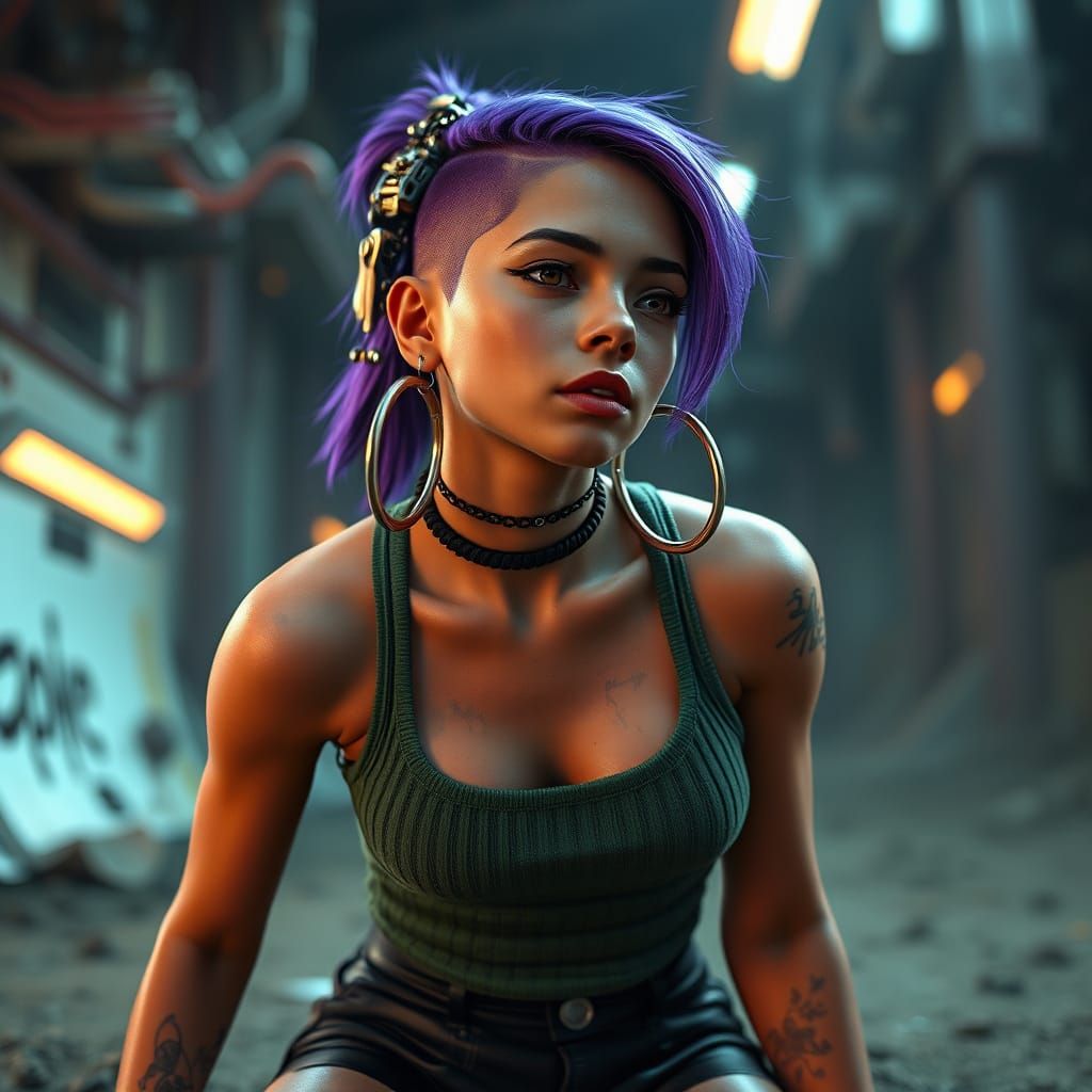 Punk Woman With Purple Mercury Skin and Mech Details