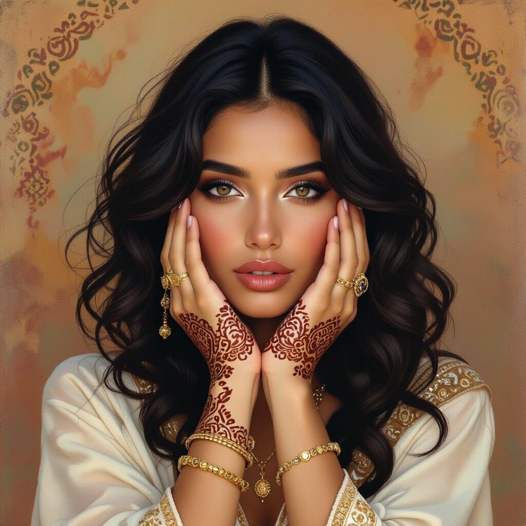 Enigmatic Woman with Henna and Gold Jewelry Portrait