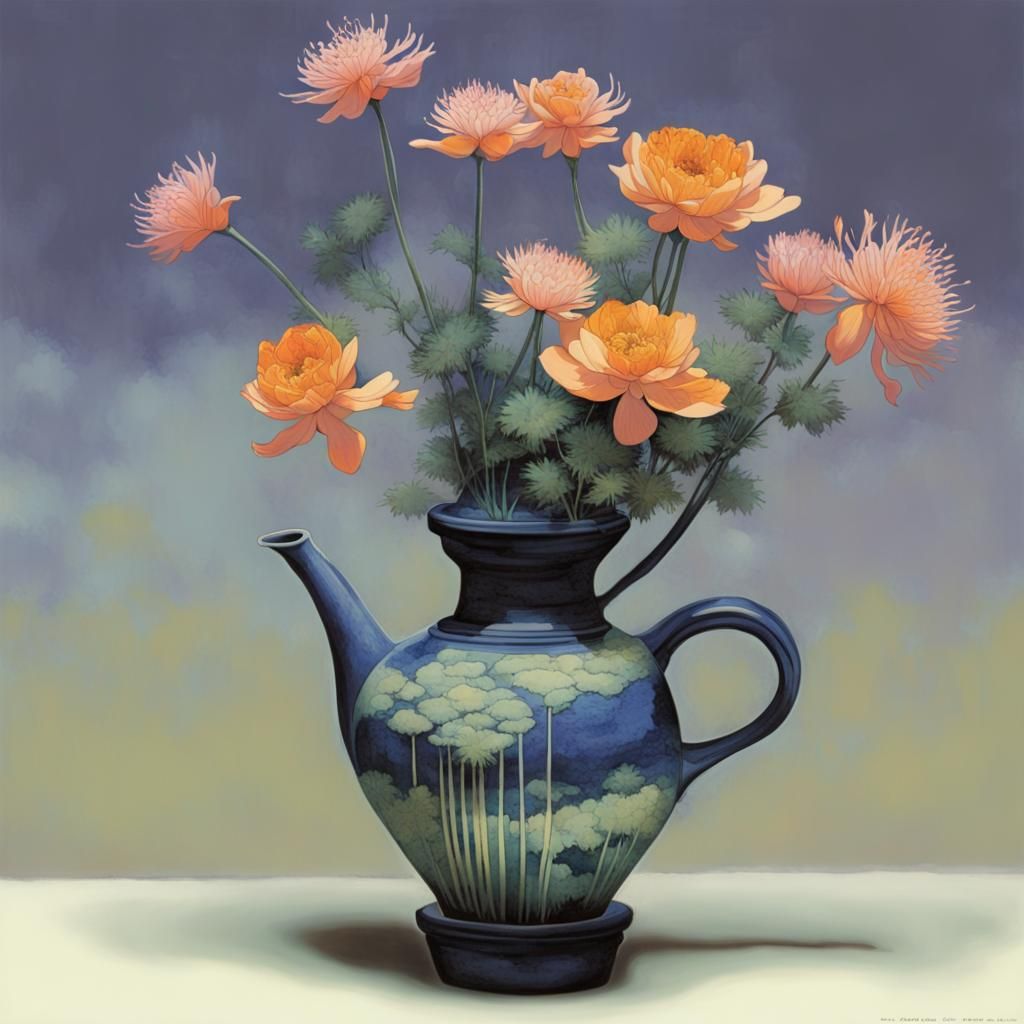 16k resolution, art by Hasui Kawase, Claude Monet, Syd Mead. Eccentric clay pottery in a futuristic, impressionistic gar...