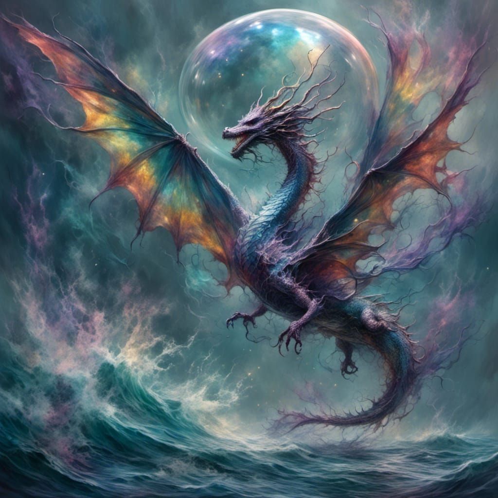 Iridescent Dragon Soaring Over the Sea