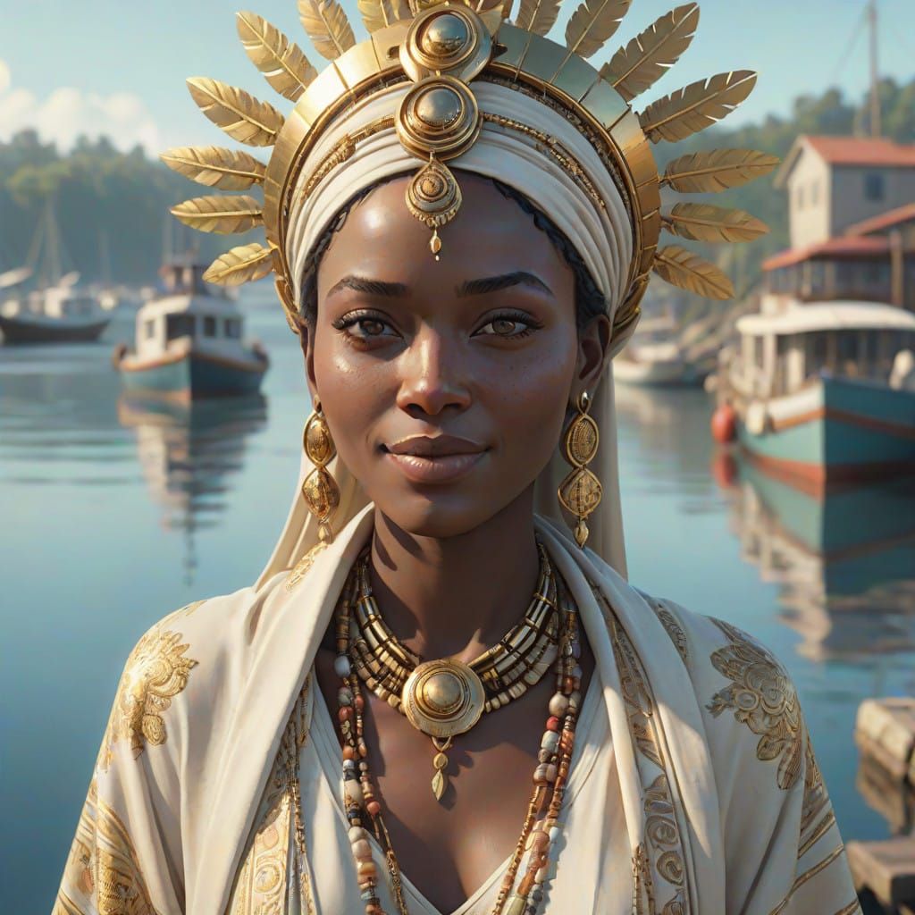 African Woman in Golden Elegance, Serene and Luxurious