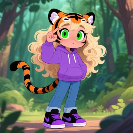 Girl with Tiger Ears in Cartoon Style Forest