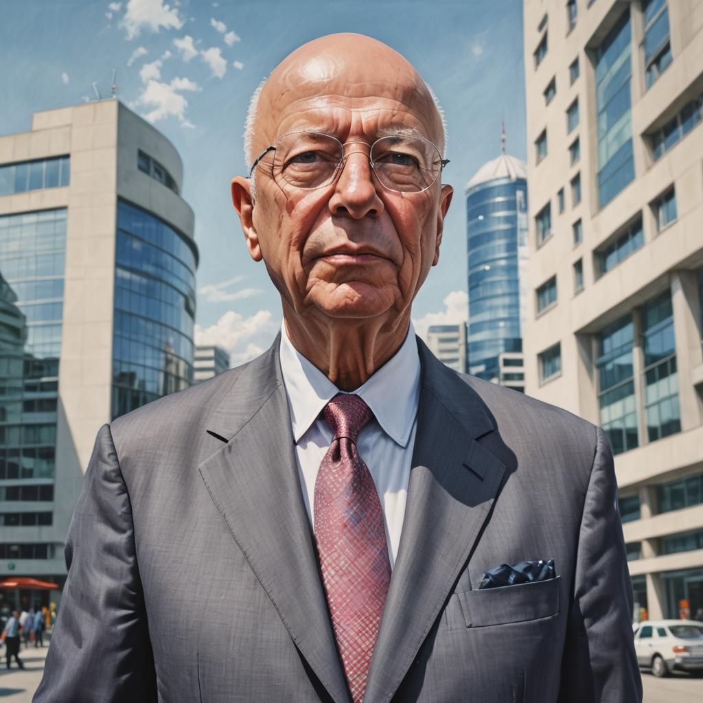 Photorealistic Klaus Schwab Portrait in Modernist Setting