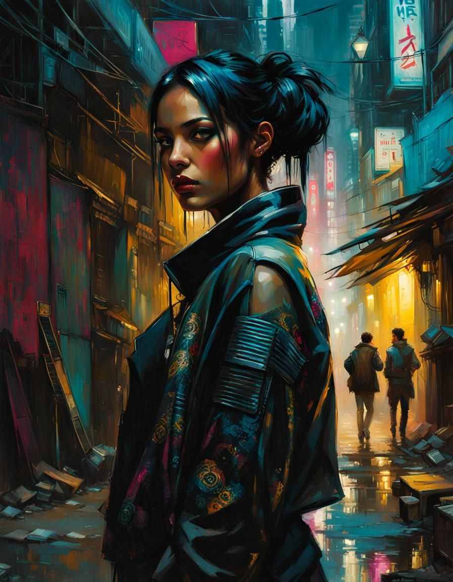 Cyberpunk Alleyway with South Asian Woman