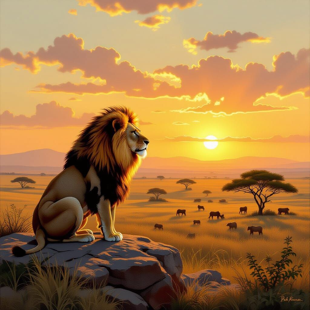 Lion Overlooking Savanna in Classical Realism Style