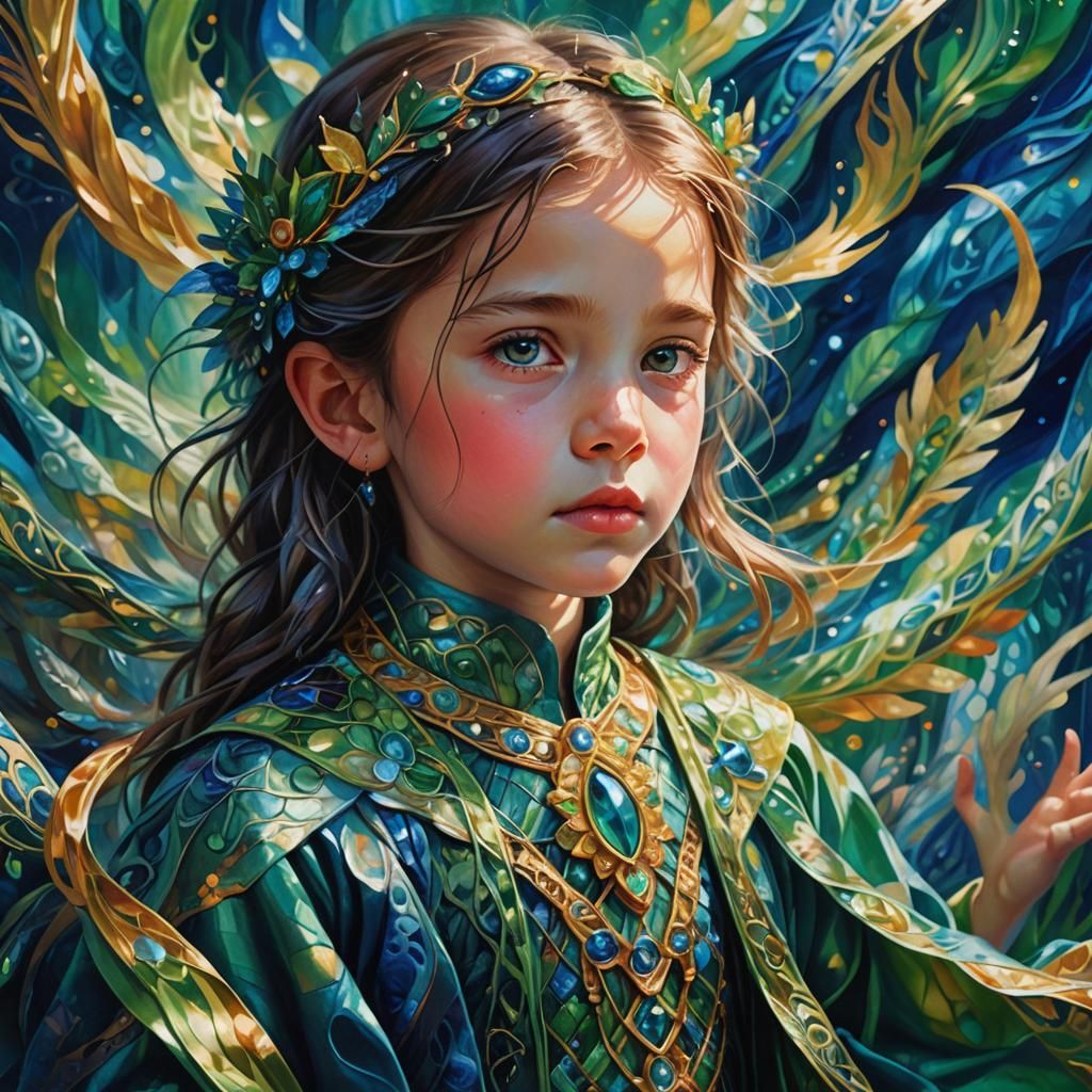 Fantasy Kid in Intricate Silk Weaving: Art Nouveau Style