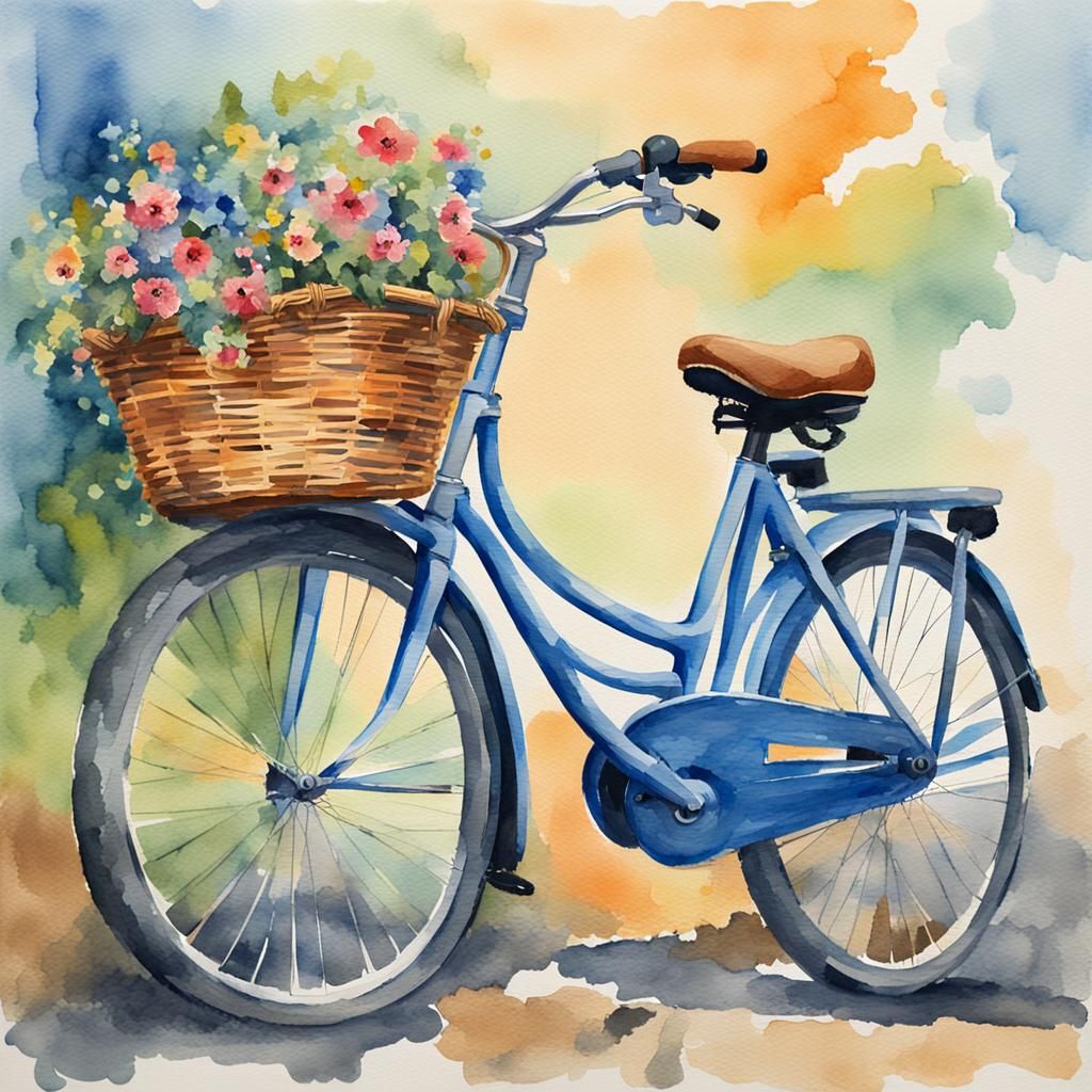 Basket Bicycle in Gouache Watercolor Impressionist Style