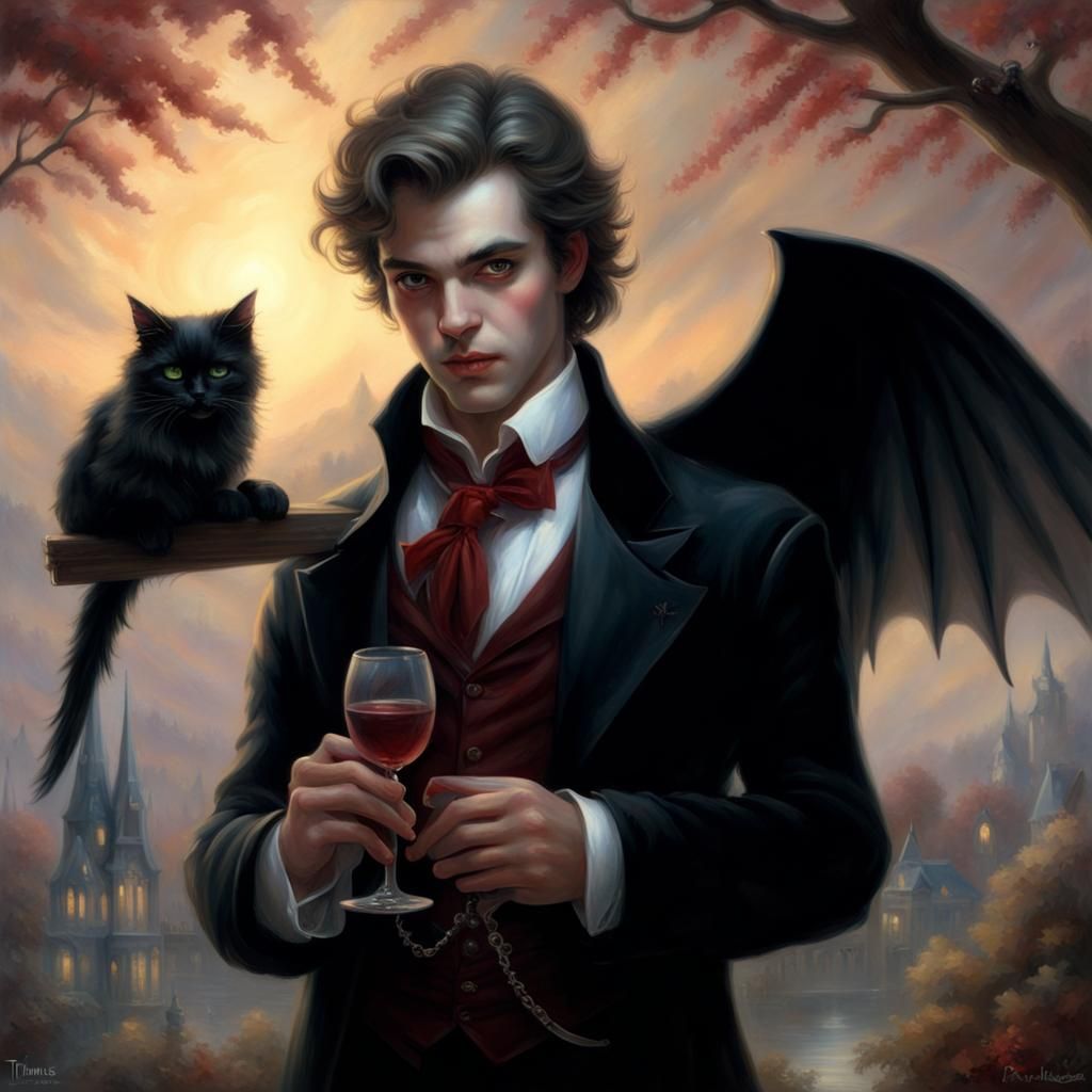 Young Vampire with Winged Cat in Ethereal Style