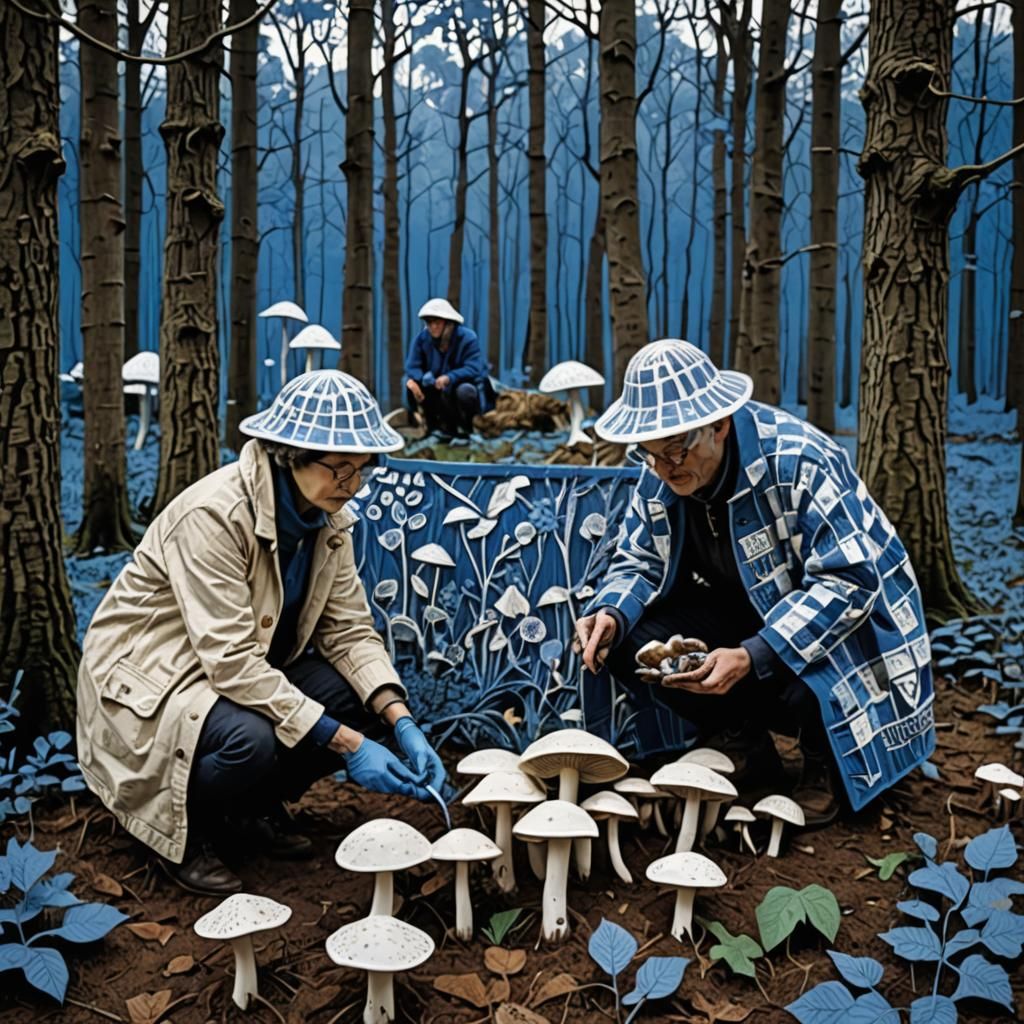 Blue and White Linocut Mushroom Harvest