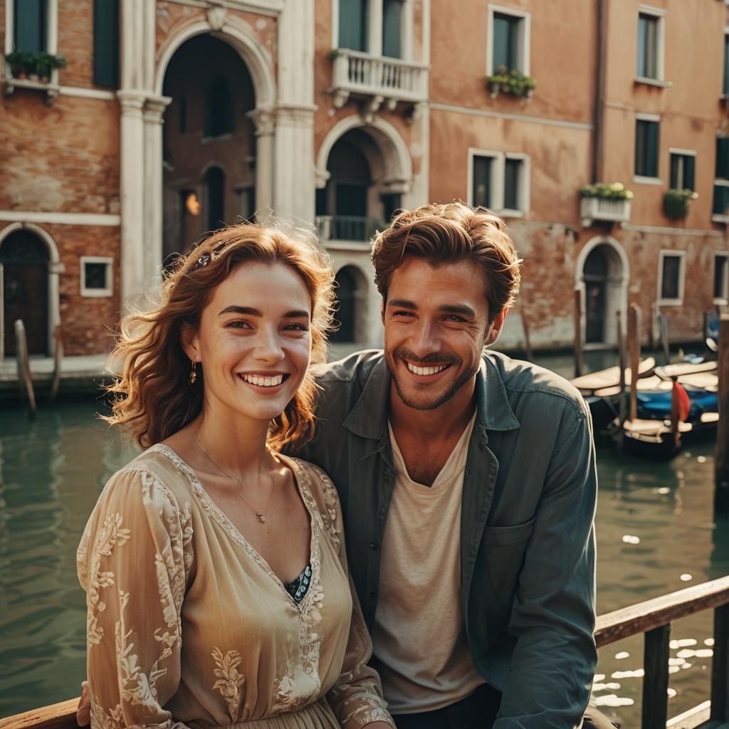 Romantic Couple in Venice: Cinematic Film Still