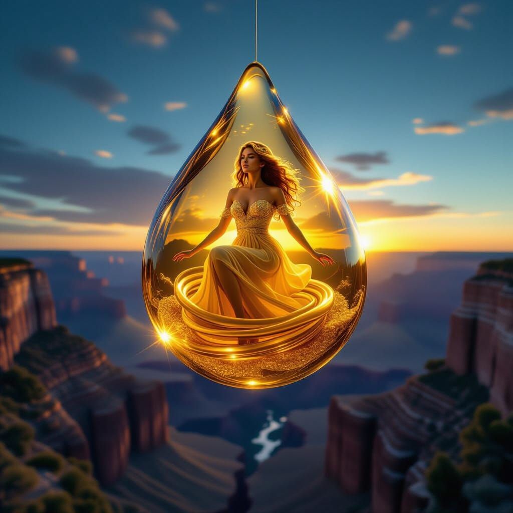 Honey Woman in Amber Droplet Over Canyon