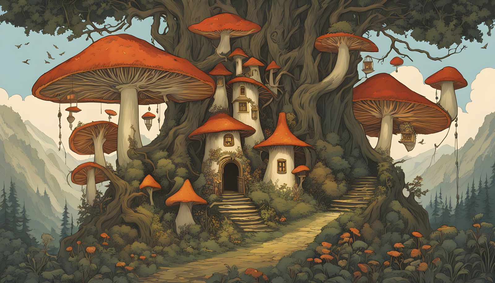Whimsical Mushroom Village Under Glowing Lanterns
