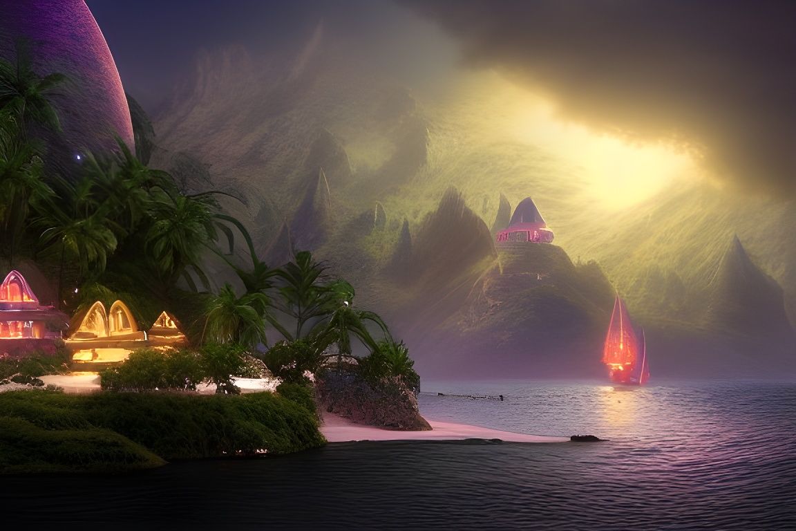 Mysterious Fantasy Island with Sparkling Lights