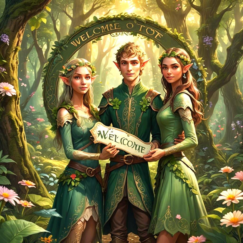 Elf Couple Holding Welcome Sign