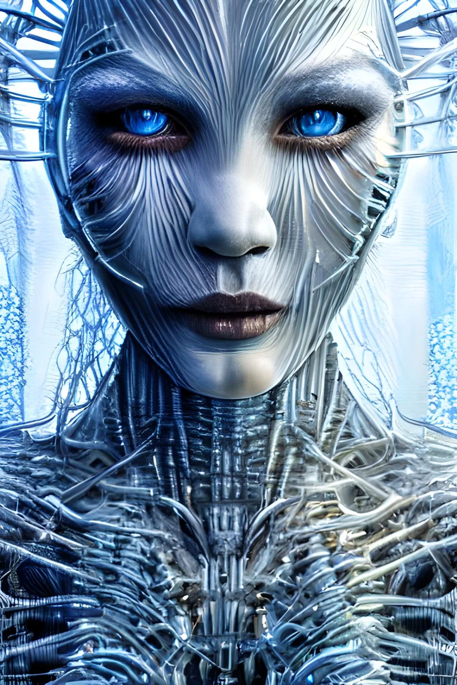 Cyber-Mechanical Ice Queen Portrait in 3D Render
