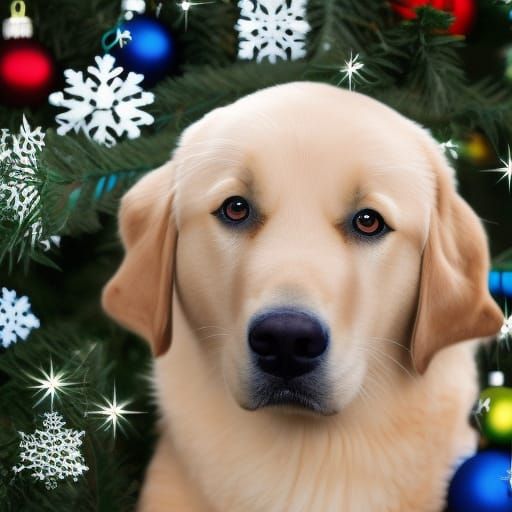 Golden Labrador Retriever Puppy with Christmas Ornaments