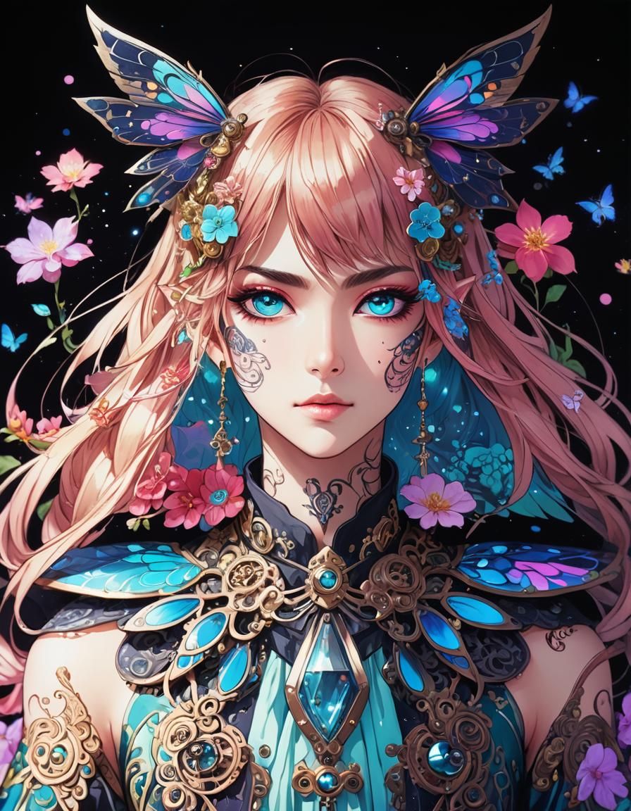 Steampunk Fairy in Bioluminescent Manga Forest