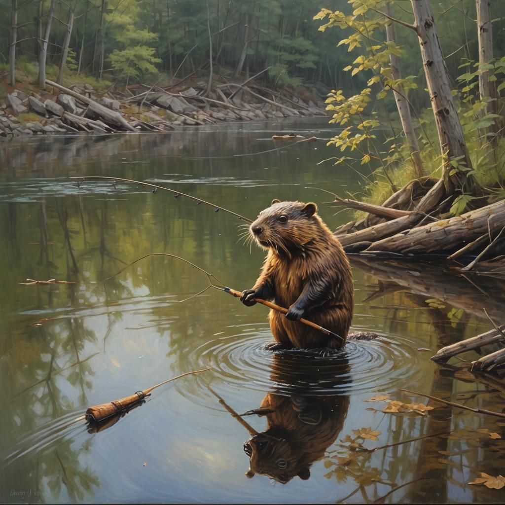 Beaver Fishing from Dam: Oil Painting