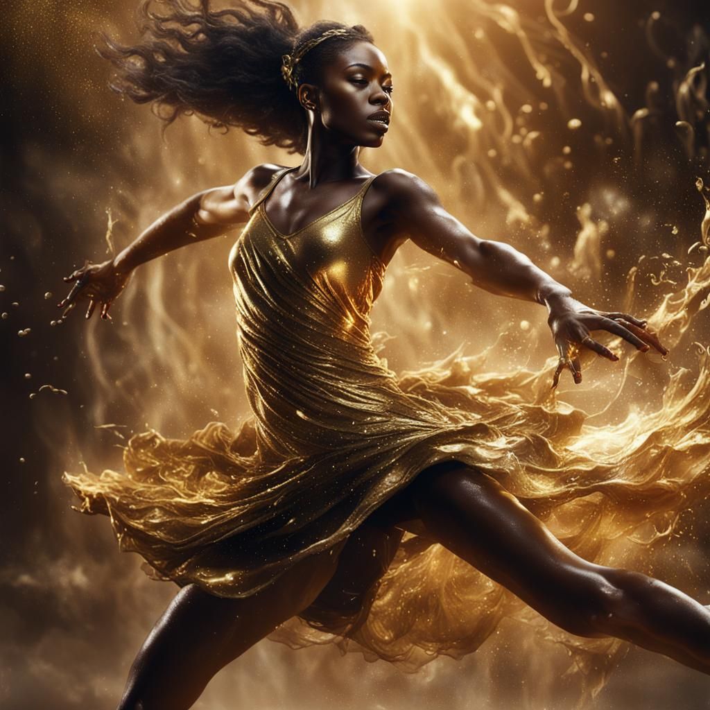 Black Dancer in Gold Dress Splashed with Milk