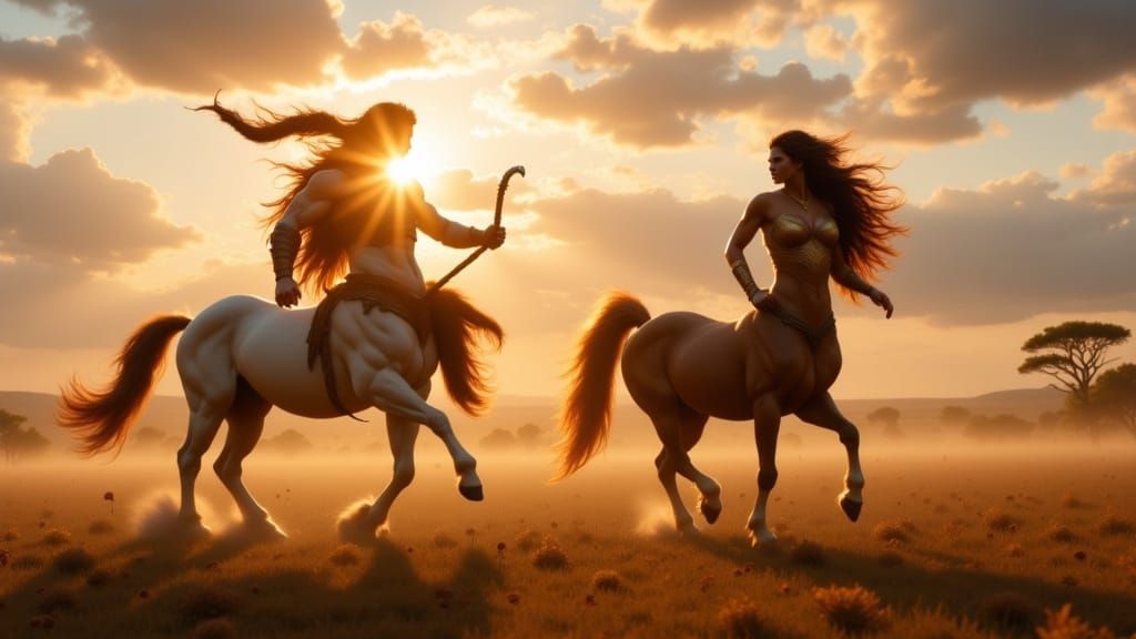 Male Centaur Warrior and Female Centaur Shaman on Savannah